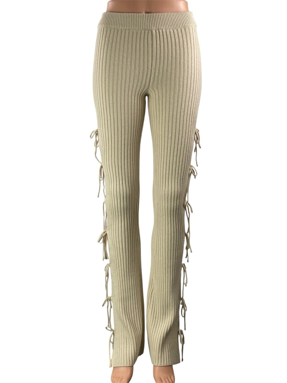 NEW GUIZIO Beige High Waist Ribbed Knit Side Tie Straight Flared Trouser Pant XS